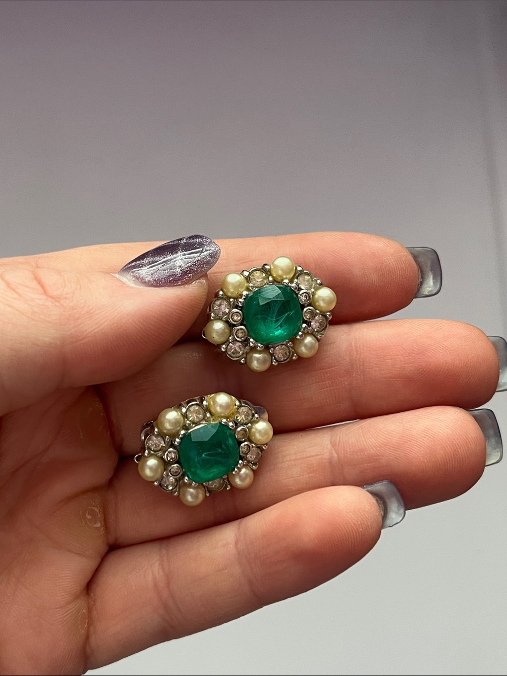 Vintage Ciner Emerald Green Crystal and Pearl Cluster Earrings